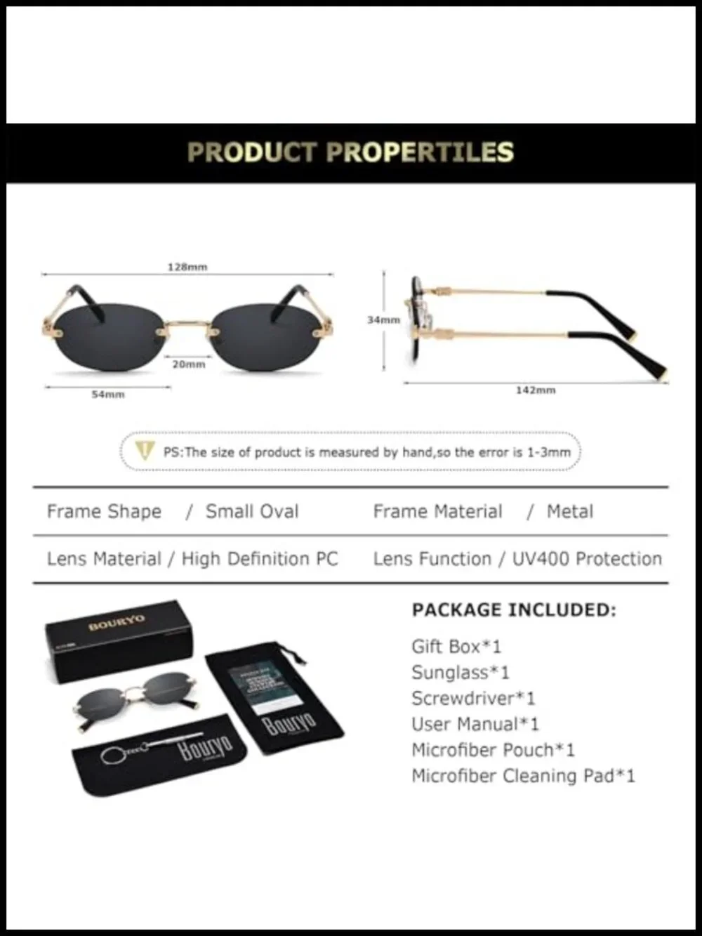 Retro Small Oval Rimless Sunglasses, Gold Metal Frame, UV400 Protection